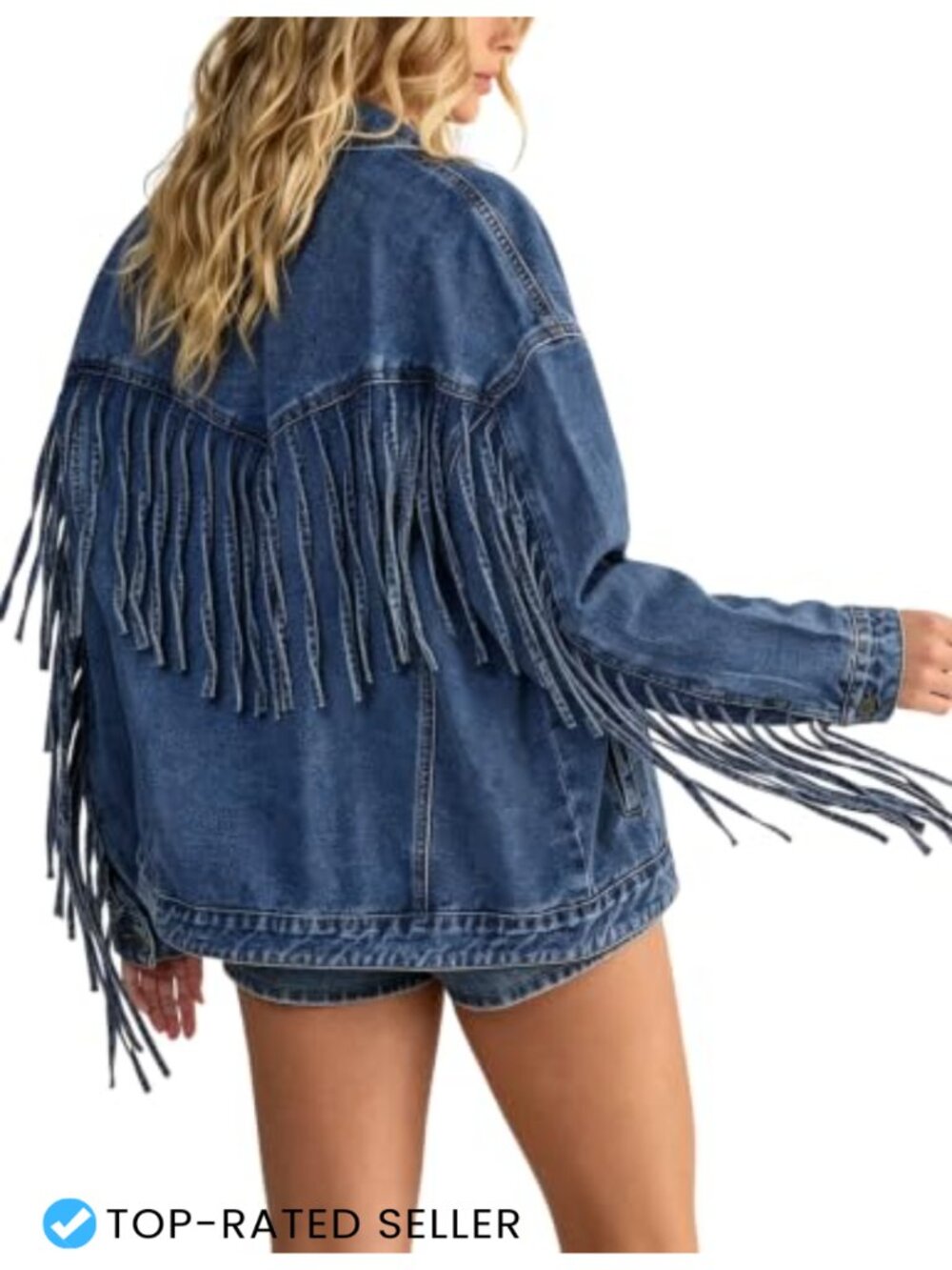 Oversized Fringed Denim Jacket Western Button Down Long Sleeve Cotton